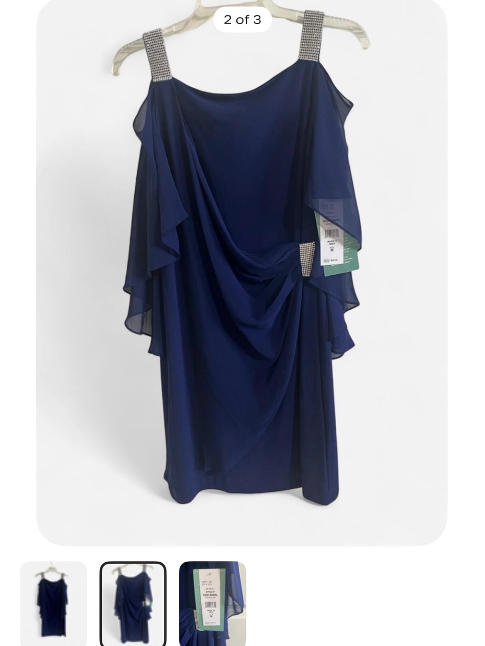 New with tags Elegant Navy Blue Draped Women's Dress with Rhinestone Straps